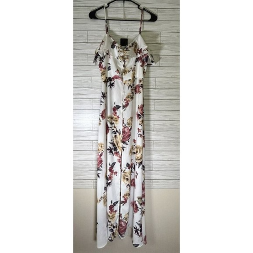 BAND of GYPSIES Floral Maxi‎ Dress Split Front Button Down Ruffle Trim Sz Medium